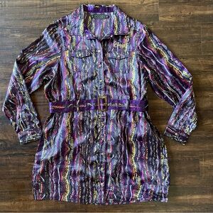 COOGI Multicolor Satin/Silk Button Down Shirt Dress with belt- 1X